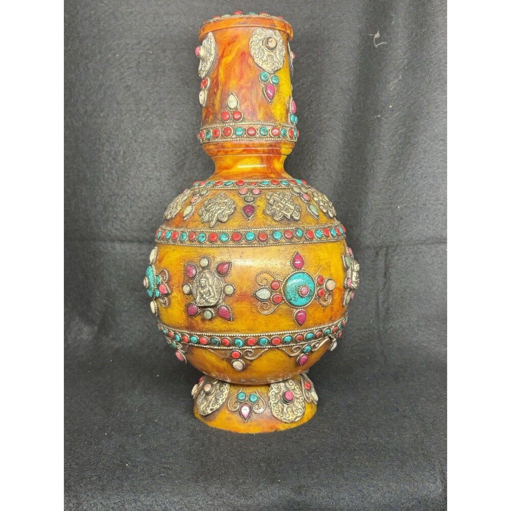 Large 12.4” Tibetan Beeswax Old Silver Gems Turquoise Buddha Bottle Vase Tsebum